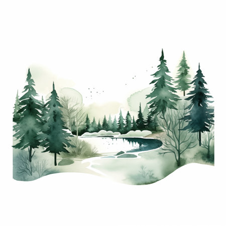 Watercolor winter pine trees forest hand drawn Christmas landscapeの写真素材
