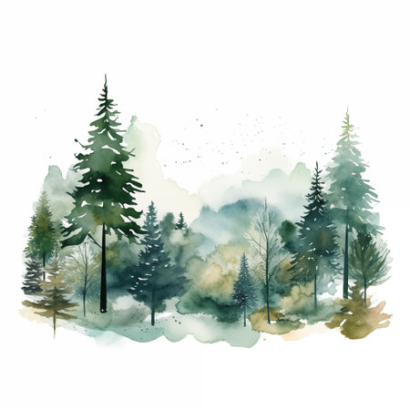 Watercolor winter pine trees forest hand drawn Christmas landscapeの写真素材