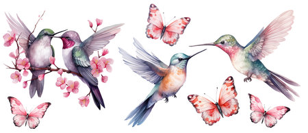 Watercolor hummingbirds and butterflies Valentines day romantic illustrationの写真素材