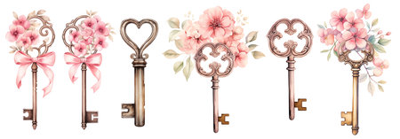 Watercolor vintage keys and locks with flowers Valentines day illustrationの写真素材