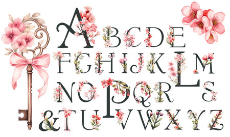 Watercolor floral English alphabet set with wild flowers from A to Z hand drawn Valentines day illustrationの写真素材