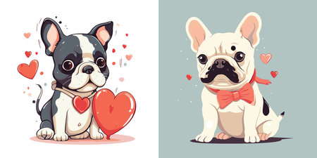 Couple of French bulldogs with hearts cute cards for Valentines dayのイラスト素材