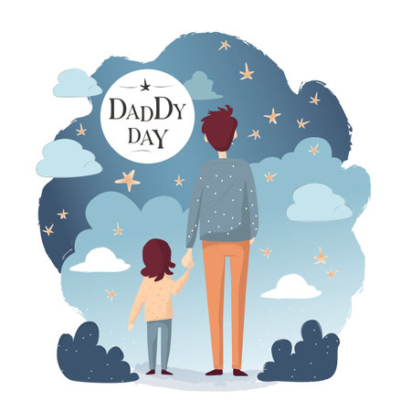 Happy Father day flat illustration with dad and son standing together from back, holding hands and looking at the skyのイラスト素材