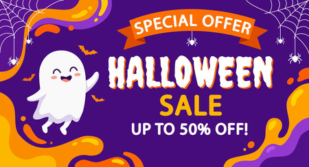Halloween sale promotional poster with special offer banner, white ghost, pumpkin, black cauldron, spider webs and bats on purple background with orange liquid shapes Cartoon illustration
