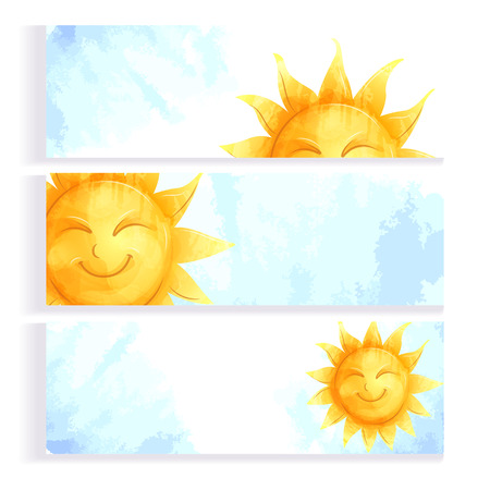 Vector image. Set of card with a cartoon character sun. Imitation of watercolor.のイラスト素材