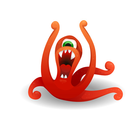 Vector image. Funny red monster angry, screaming and waving tentacles. Cute cartoon monster resembling an octopus.のイラスト素材