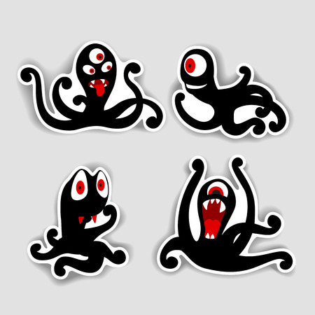 Vector image. Black silhouette monsters octopus. Set of black and red stickers monster.のイラスト素材