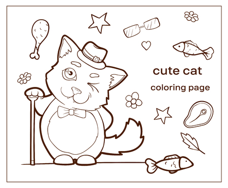 Vector image. Cartoon character cat doodle hand drawn. Coloring page, pets. The kitten in a hat and a cane winks coquettishly.のイラスト素材