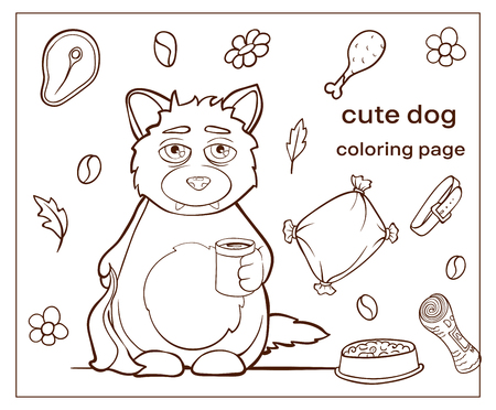 Vector image. Sleepy dog with a cup of coffee. Cartoon character dogs doodle hand drawn. Coloring page, pets.のイラスト素材