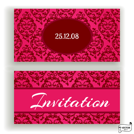 Set of visiting and business card pink colored with scrolls design element. Front page and back page.のイラスト素材