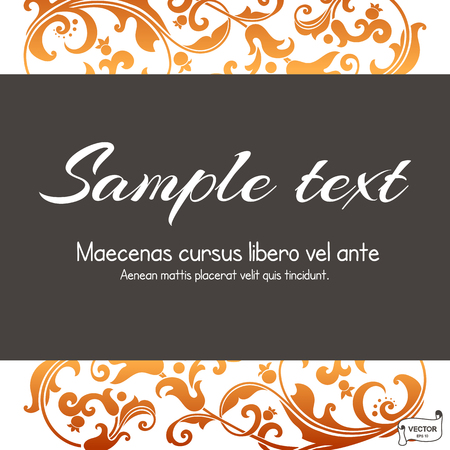 Vector lace pattern on scroll work background. Ornate element for design. Place for text. Ornamental frame for wedding invitations, gray and golg greeting card.のイラスト素材
