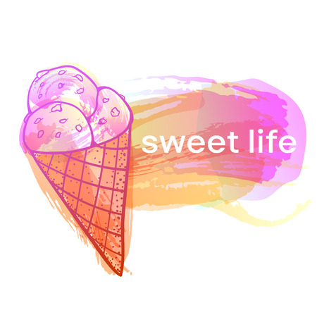 Vector image. Colored sketch ice cream in the style of doodle. Bright color spots, imitation of watercolor.のイラスト素材