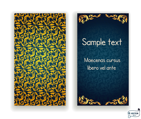 Set of visiting and business card blue and gold colored with scrolls design element. Front page and back page.のイラスト素材