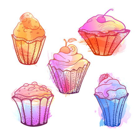 Vector image. A set of sketch cake in the style of doodle. Bright color spots, imitation of watercolor.のイラスト素材