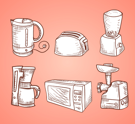 Vector image. A set of sketches with kitchen utensils. white dishes on a pink backgroundのイラスト素材