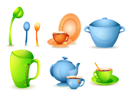 Vector image. Set of bright cartoon tableware.のイラスト素材