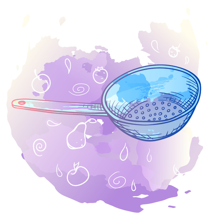 Vector image. Colander with doodle elements. Bright color sketch, kitchen utensils. Imitation of watercolor stains.のイラスト素材