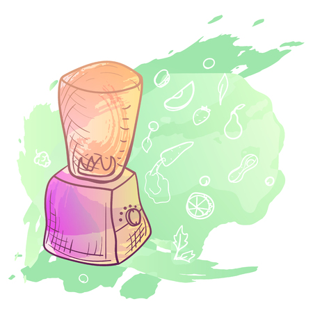Vector image. Blender with doodle elements. Bright color sketch, kitchen utensils. Imitation of watercolor stains.のイラスト素材