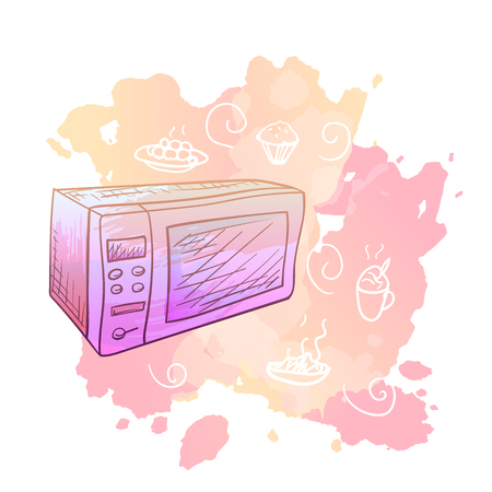 Vector image. Microwave with doodle elements. Bright color sketch, kitchen utensils. Imitation of watercolor stains.のイラスト素材