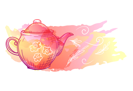 Vector image. Teapot with doodle elements. Bright color sketch, kitchen utensils. Imitation of watercolor stains.のイラスト素材