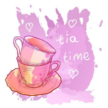Vector image. Cup with doodle elements. Bright color sketch, kitchen utensils. Imitation of watercolor stains.のイラスト素材