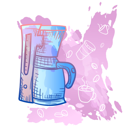 Vector image. Coffee maker with doodle elements. Bright color sketch, kitchen utensils. Imitation of watercolor stains.のイラスト素材