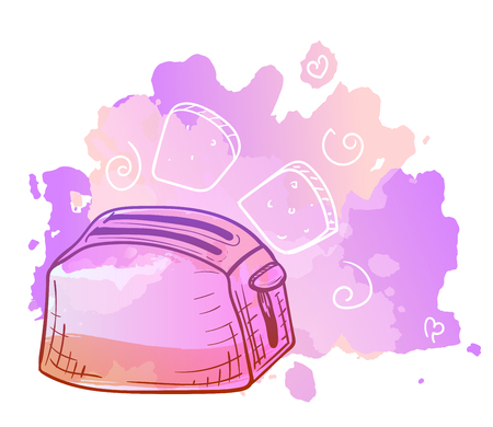 Vector image. Toaster with doodle elements. Bright color sketch, kitchen utensils. Imitation of watercolor stains.のイラスト素材