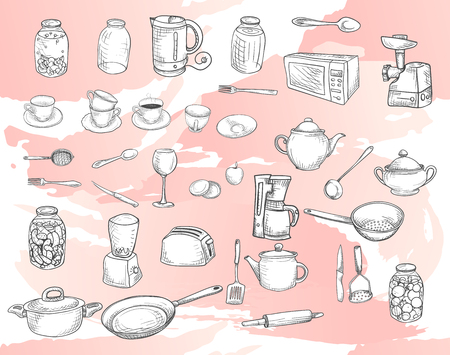 Vector image. Big set of sketches with kitchen utensils. white dishes on a pink backgroundのイラスト素材