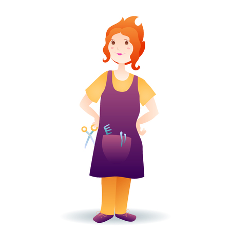 Vector image. Redhead woman with scissors, dressed in an apron. Profession hairdressersのイラスト素材