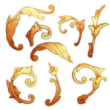 Vector image. Set of element baroque engraved floral scroll retro pattern. Golden victorian frame border ornament. Filigree vintage calligraphic elements for design.のイラスト素材