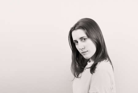 young woman in B&W with blank spaceの写真素材