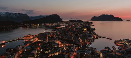 Alesund city panorama from Aksla Viewpoint at night with city lights onの写真素材