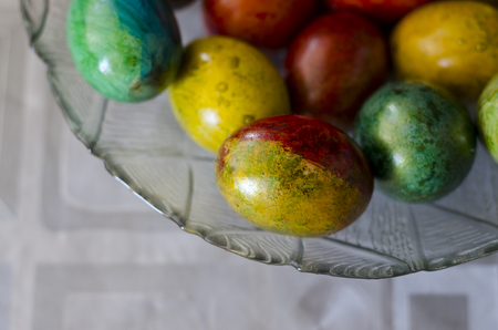 Painted in gold and red colors Easter eggの写真素材