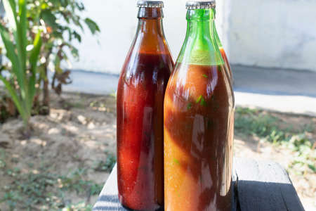 Homemade Tomato sauce in the glass bottleの写真素材