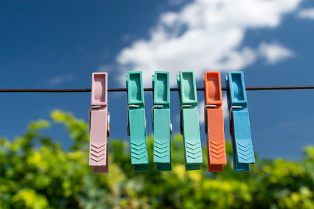 Wash-line in open space under the blue skyの写真素材