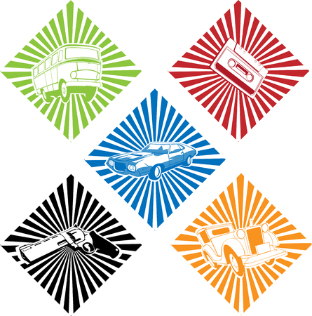 vector collection of different objects with sunburst backgroundのイラスト素材