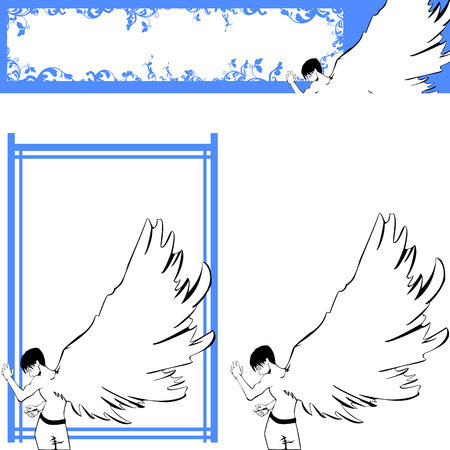 a boy with angel wings and some simple decoration and banner frameのイラスト素材