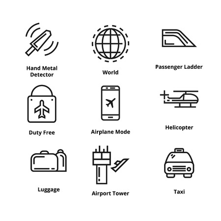 9 airport line icons. Icons for web and user interfaces like taxi, globe and helicopterのイラスト素材