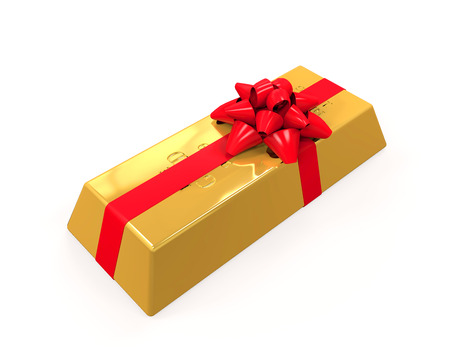 Gold Bar with Red Ribbonの写真素材