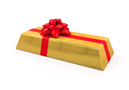 Gold Bar with Red Ribbonの写真素材