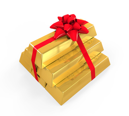 Stacked Gold Bars with Red Ribbonの写真素材