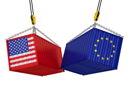 United States and European Union Cargo Container Isolated. Trade war Conceptの写真素材