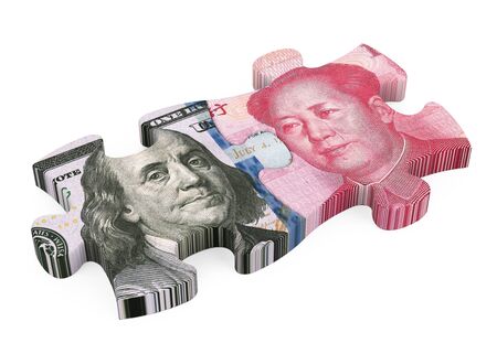 United States Dollar and Chinese Yuan Puzzle Pieces Isolatedの写真素材
