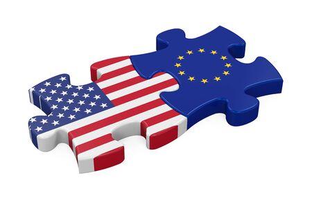 United States and European Union Puzzle Pieces Isolatedの写真素材
