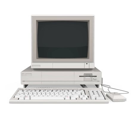 Old Desktop Computer with a Blank White Screen Monitor, Keyboard and Mouse Isolatedの写真素材