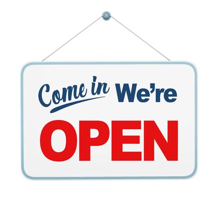 "Come In We're Open" Sign Hanging Isolatedの写真素材