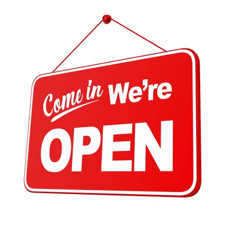 "Come In We're Open" Sign Hanging Isolatedの写真素材