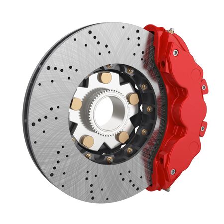 Car Brake Disc and Red Caliper Isolatedの写真素材