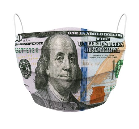 Medical Protective Mask with 100 US Dollar Bill Isolatedの写真素材
