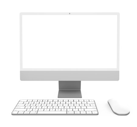 Desktop Computer with a Blank White Screen Monitor, Keyboard and Mouse Isolatedの写真素材